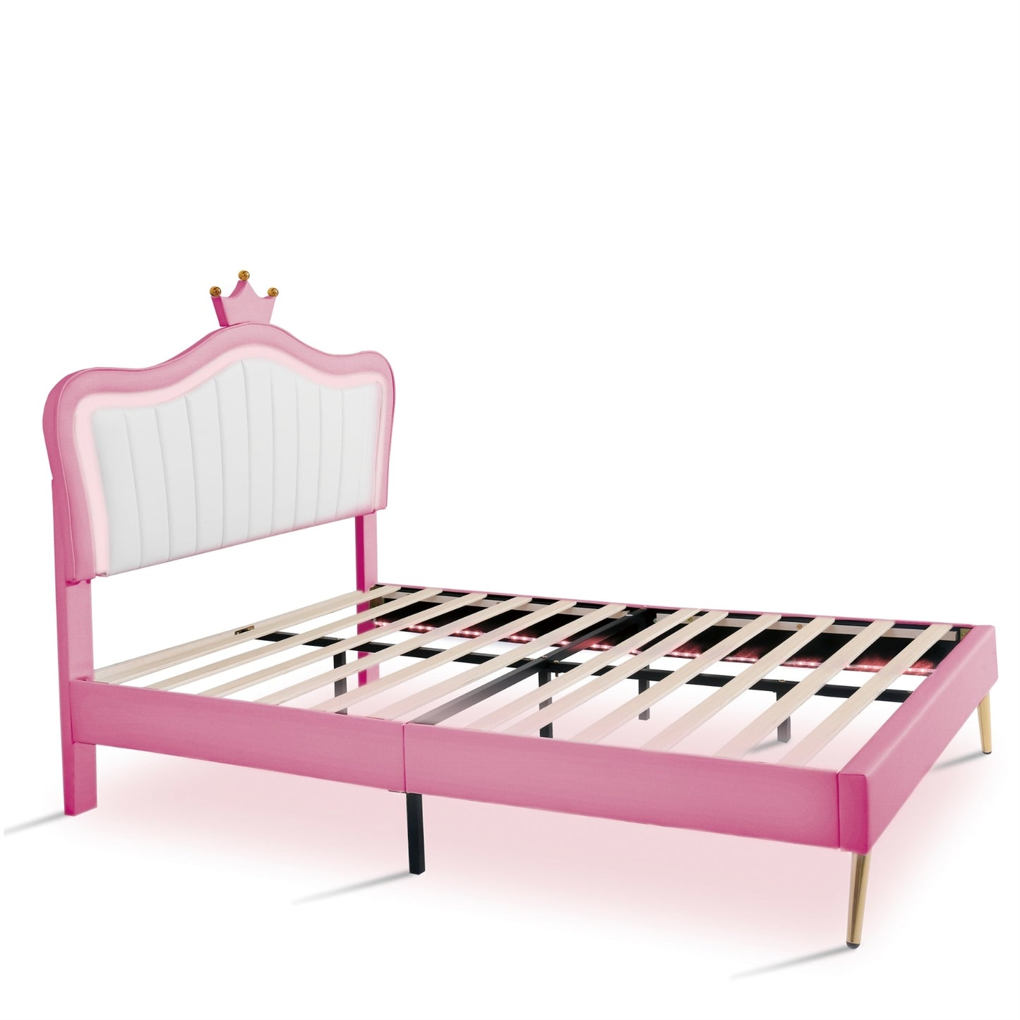 Full Size Upholstered Bed Frame With LED Lights & Crown Headboard