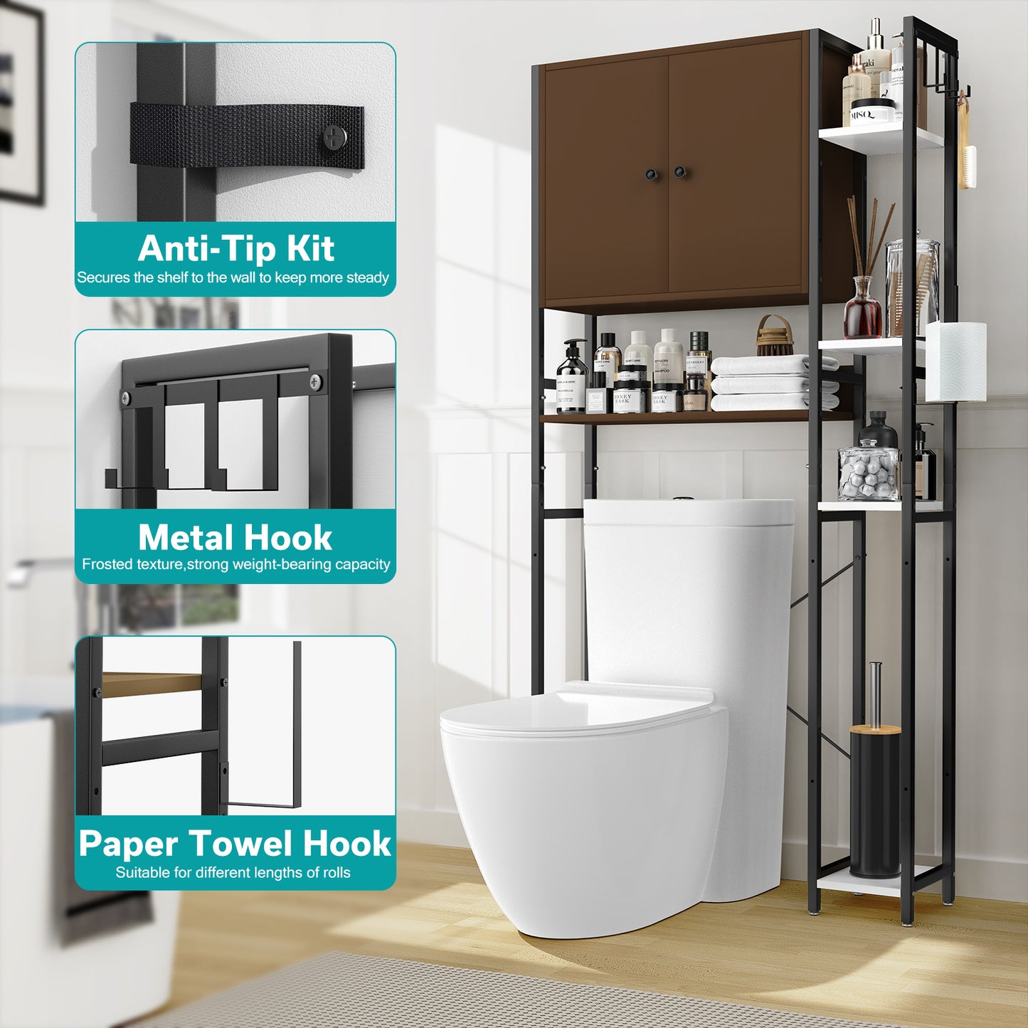 Toilet Storage Cabinet With 4 Layers Of Side Adjustable Storage Racks, Anti-slip Freestanding Toilet Organizer With Hooks, Suitable For Bathrooms, Laundry Rooms, In Brown.