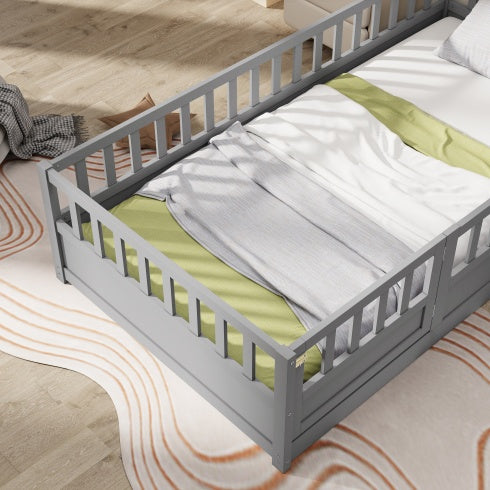 Twin Size Floor Bed, Integral Construction With Super High Security Barrier, Door, Children's Floor Bed Frame, Montessori Wooden Children's Floor Bed, Support Slat White