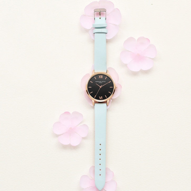 PU leather strap rose gold fashion casual fashion watch ladies black dial watch female models