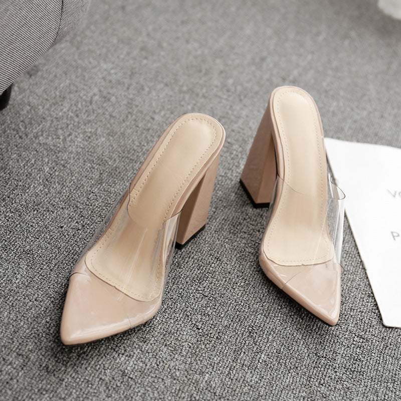 Transparent Film Pointed Thick Heel Slippers