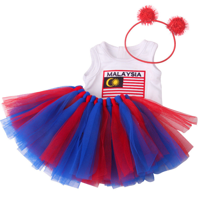 18-inch American Girl Doll Clothes Printed Short Sleeve  Handmade Veil Skirt  Hair Ball Hair Hoop