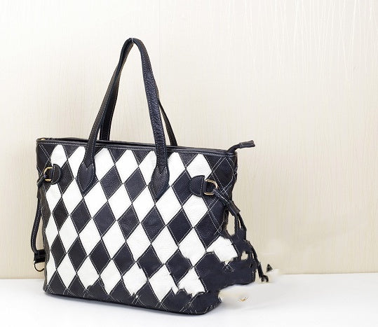 New Fashion Trend Colorful Contrast Color Plaid Stitching One-Shoulder Messenger Casual Leather Cowhide Handbags