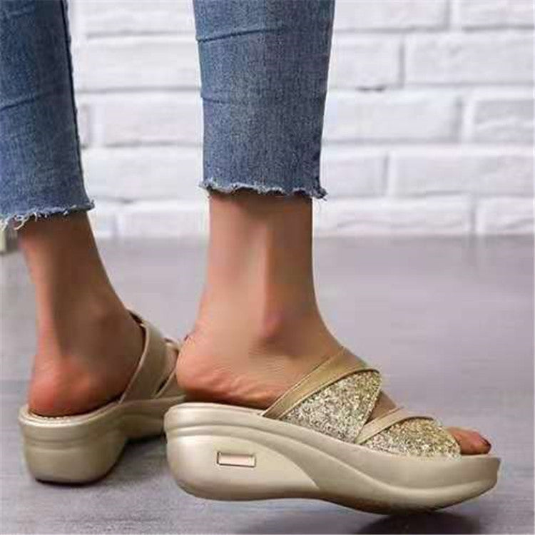 Wedge Heel Sequined Slippers, Medium Heel Large Size Women's Fish Mouth Sandals And Slippers