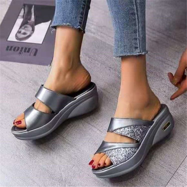 Wedge Heel Sequined Slippers, Medium Heel Large Size Women's Fish Mouth Sandals And Slippers