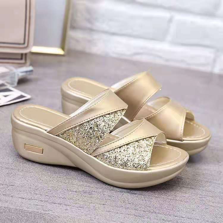 Wedge Heel Sequined Slippers, Medium Heel Large Size Women's Fish Mouth Sandals And Slippers
