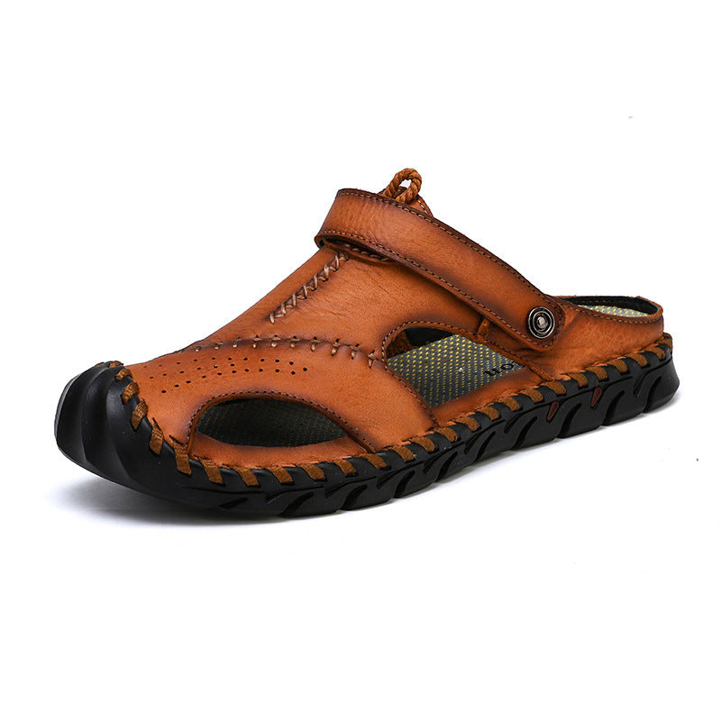 Men's Large Size Breathable Slippers Two-layer Leather Casual Shoes Summer Beach Shoes Men