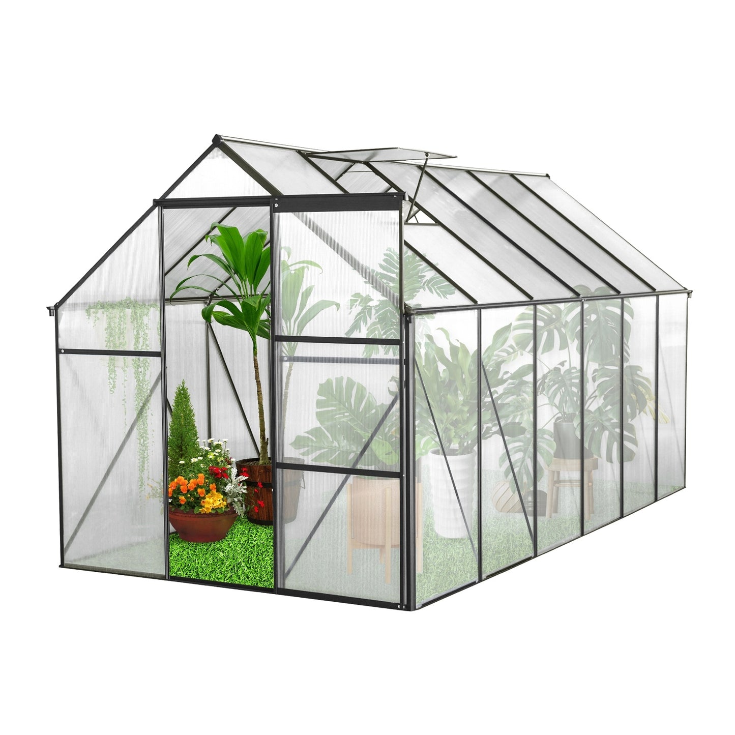 6x12 FT Polycarbonate Greenhouse W Raised Base Anchor, Heavy Duty Walk-in