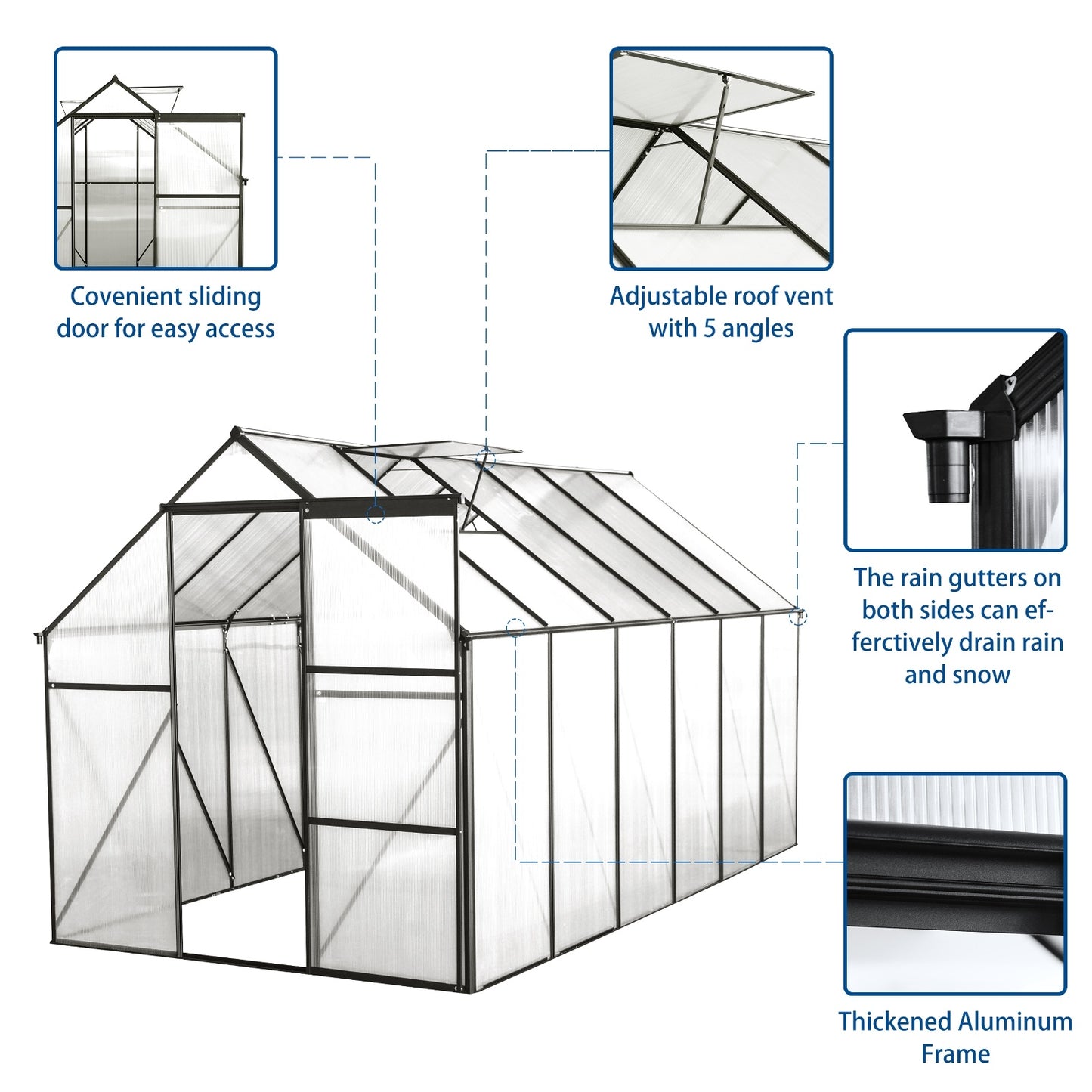 6x12 FT Polycarbonate Greenhouse W Raised Base Anchor, Heavy Duty Walk-in