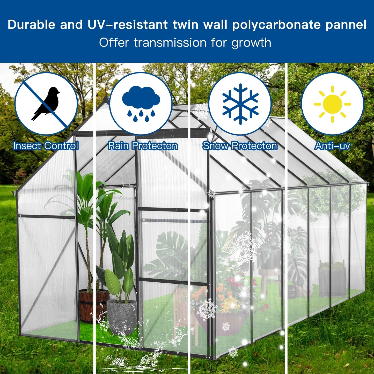 6x12 FT Polycarbonate Greenhouse W Raised Base Anchor, Heavy Duty Walk-in