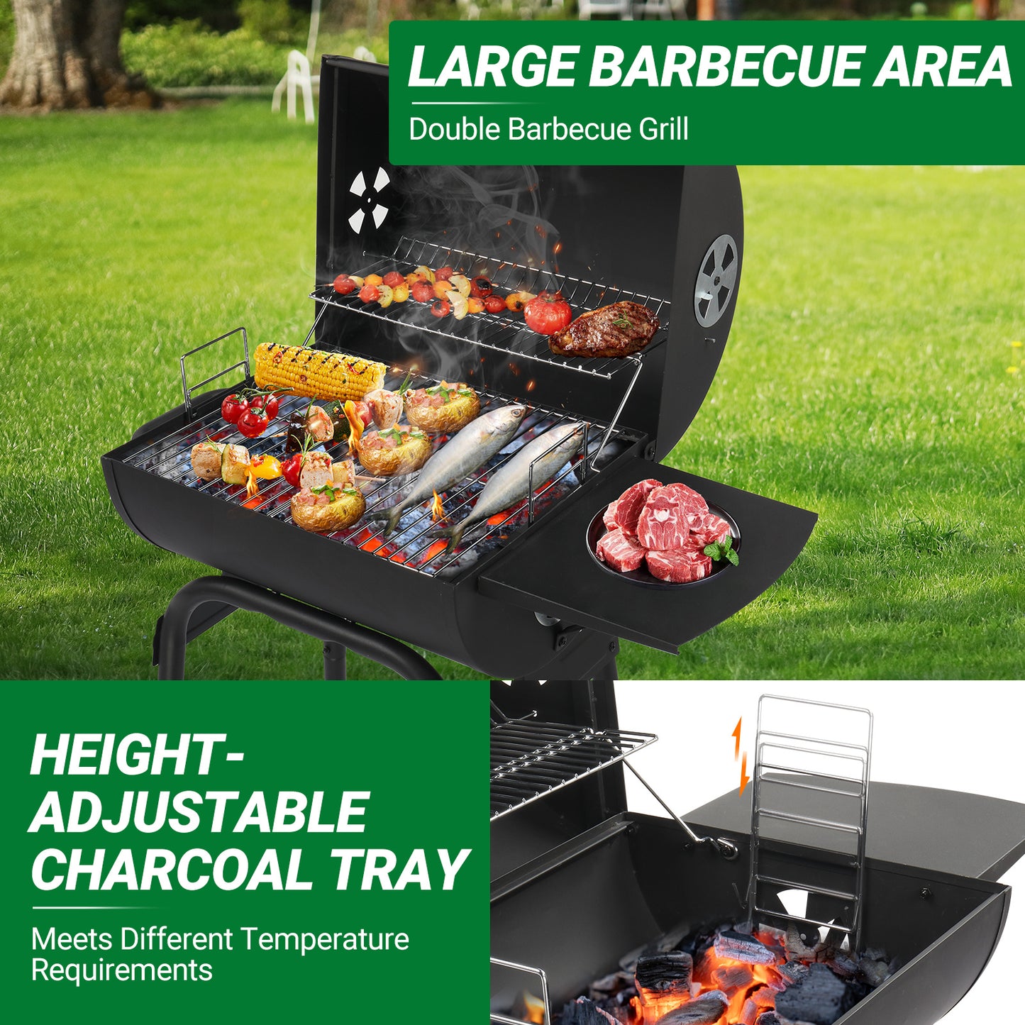 Black Cylinder With Side Panels And Wheels, High-temperature Powder Smoked Carbon Oven
