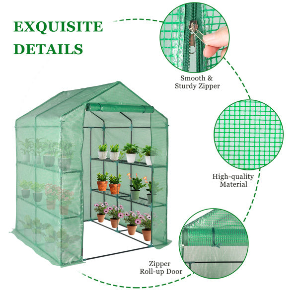 143x143x195cm PE Fabric Flower Room, Black Iron Pipe, Pointed Top, With 8 Mesh Flower Racks, Zipper Roll Door