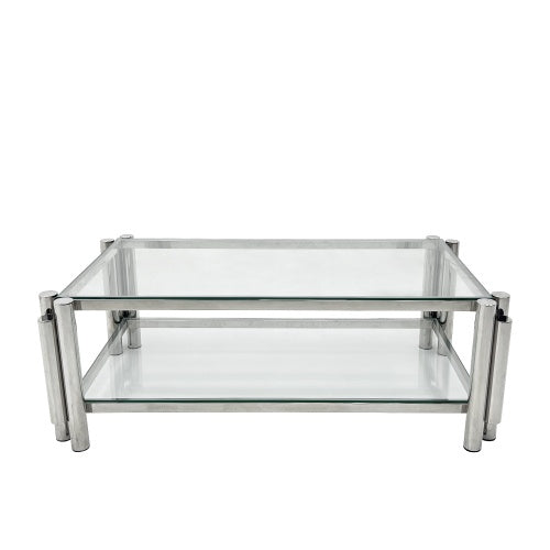 Modern Stainless Steel Coffee Table Set Set Of 3, Double-Layer Clear Tempered Glass Table Top, Coffee Table Two End Side Table 3-Pieces Sets For Living Room Home Office