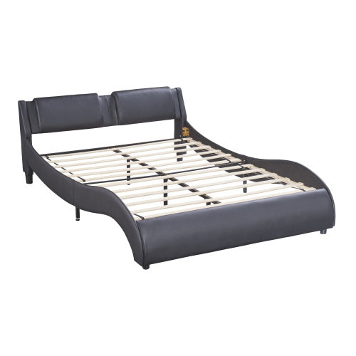Full Size Upholstered Faux Leather Platform Bed With LED Light Bed Frame With Slatted - Black