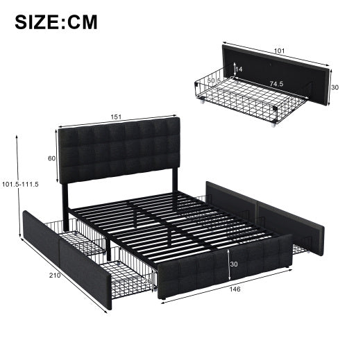 Linen Bed Frame With 4 Drawers