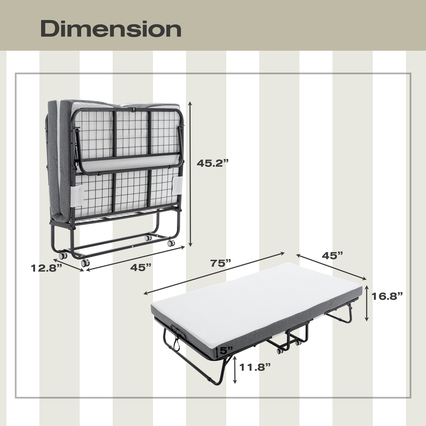 Folding Bed Cot With Mattress For Adults, Foldable Metal Frame Bed For Guest With Memory Foam Mattress On Wheels, Saving Space Rollaway Bed