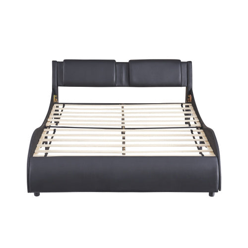 Full Size Upholstered Faux Leather Platform Bed With LED Light Bed Frame With Slatted - Black