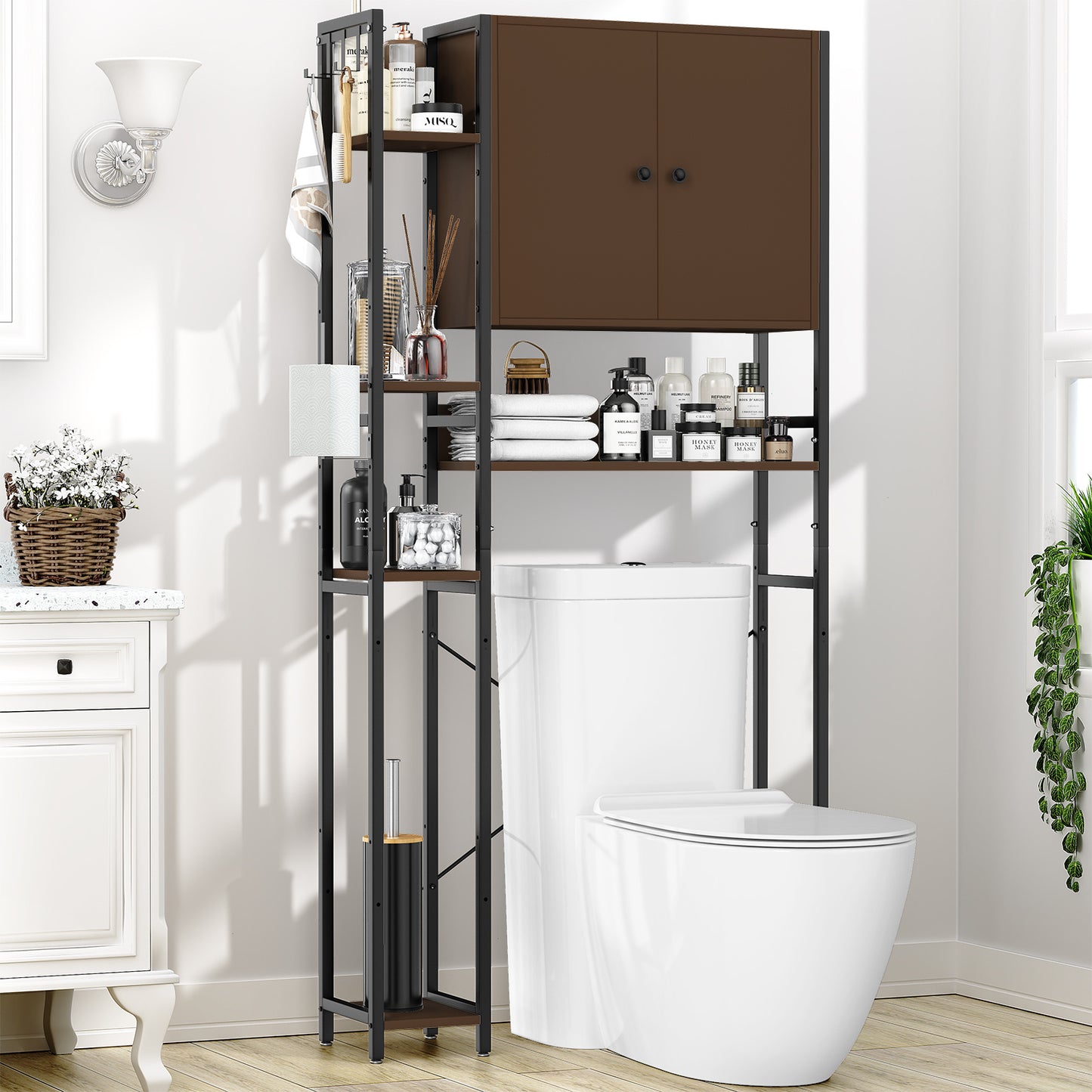 Toilet Storage Cabinet With 4 Layers Of Side Adjustable Storage Racks, Anti-slip Freestanding Toilet Organizer With Hooks, Suitable For Bathrooms, Laundry Rooms, In Brown.