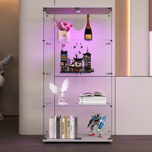 Two-door LED Lights Glass Display Cabinet 4 Shelves With Door, Floor Standing Curio Bookshelf For Living Room Bedroom Office, 64.7x31.7x14.3, White