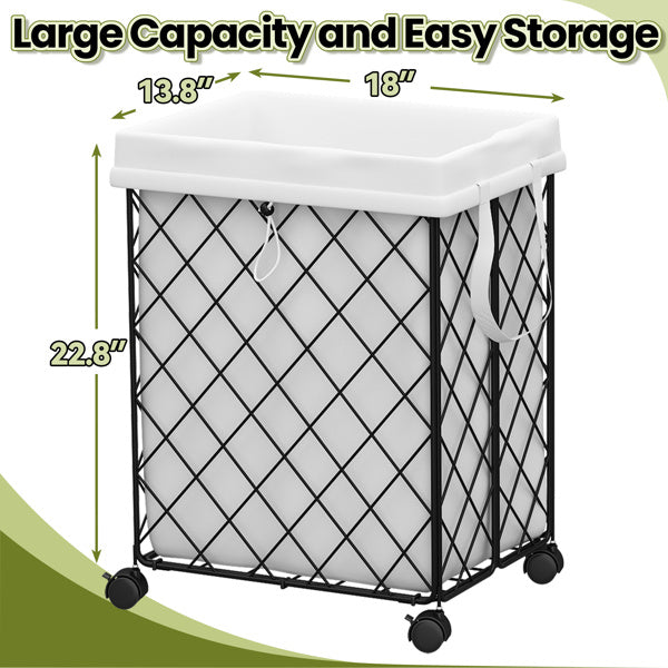 Laundry Basket On Wheels, Removable And Washable Lining, Metal Frame, Suitable For Bedroom, Bathroom, Laundry, White