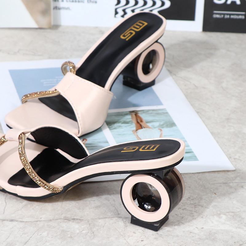 Square Head Rhinestone Toe Slip On Large Size High Heel Ladies Slippers