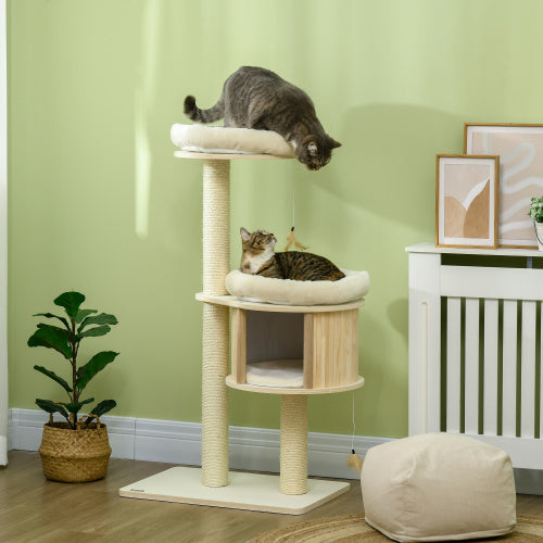 PawHut 3 Level Cat Tree With Sisal Scratching Posts Cat Badminton Toy For Playing Soft Cushions Play Areas