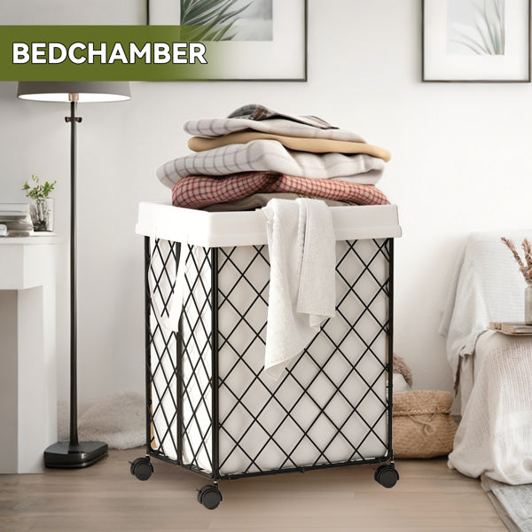 Laundry Basket On Wheels, Removable And Washable Lining, Metal Frame, Suitable For Bedroom, Bathroom, Laundry, White