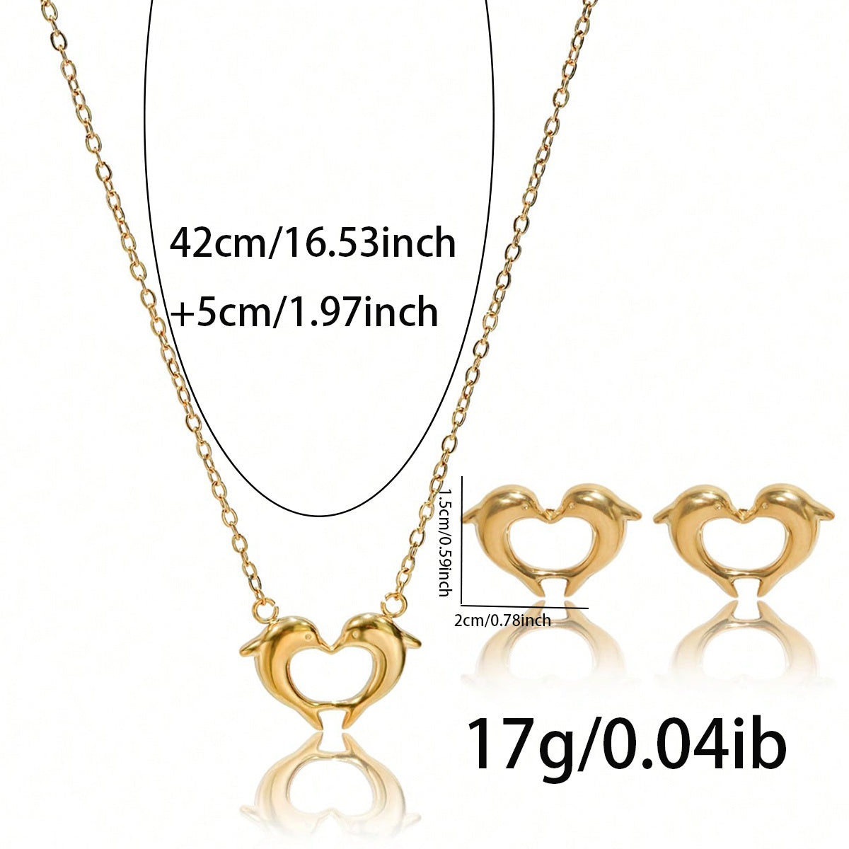 Lxalry 18K Gold Plated Heart Dolphins Mirror Jewelry Set  Hypoallergenic Skin Safe Necklace   Stud Earrings For Couple S Gift Daily Wear  Never Fade Adjustable Luxury With Precision Cast Symmetry