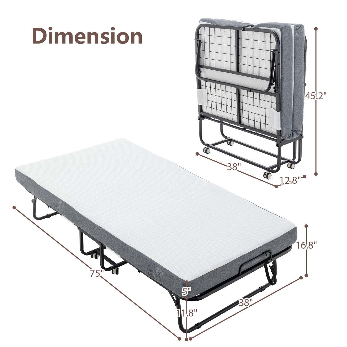 Folding Bed Cot With Mattress For Adults, Foldable Metal Frame Bed For Guest With Memory Foam Mattress On Wheels, Saving Space Rollaway Bed