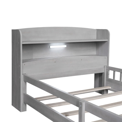 Wood Twin Size Platform Bed With Built-in LED Light, Storage Headboard And Guardrail, Antique Grey