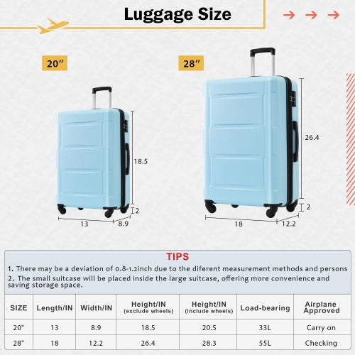 2 Piece Luggage Set With Bags Expanable Spinner Wheels ABS Lightweight Suitcase With TSA Lock 20inch And 28inch