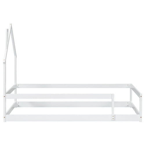 Twin Size Wood Bed With House-shaped Headboard Floor Bed With Fences,White