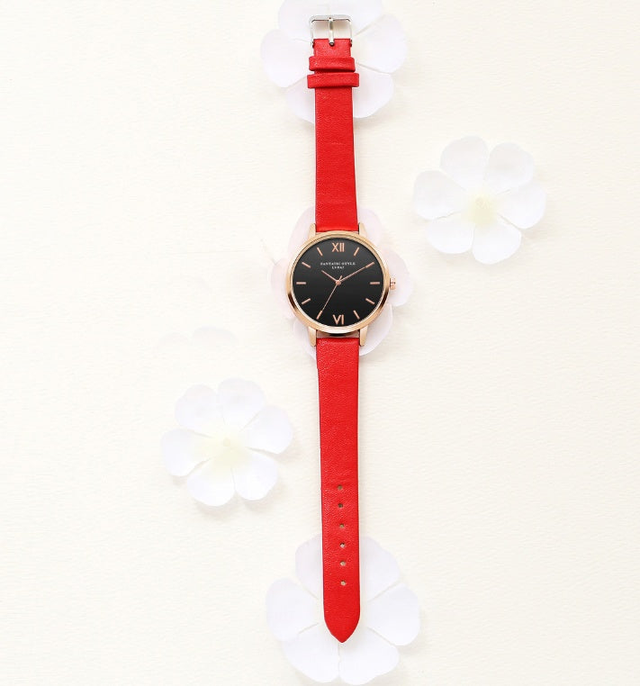 PU leather strap rose gold fashion casual fashion watch ladies black dial watch female models