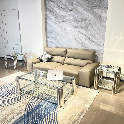 Modern Stainless Steel Coffee Table Set Set Of 3, Double-Layer Clear Tempered Glass Table Top, Coffee Table Two End Side Table 3-Pieces Sets For Living Room Home Office
