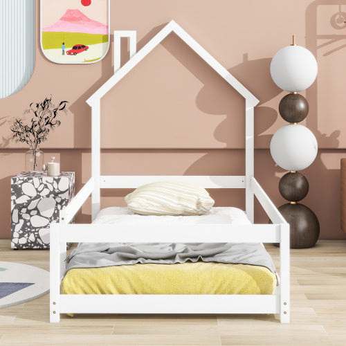 Twin Size Wood Bed With House-shaped Headboard Floor Bed With Fences,White