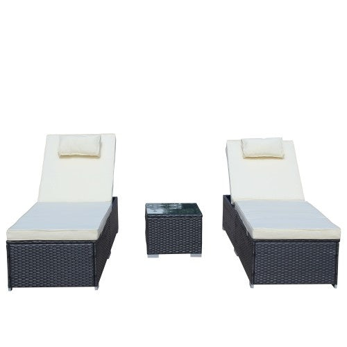 3-Piece Outdoor Patio Furniture Set Chaise Lounge, Patio Reclining Rattan Lounge Chair Chaise Couch Cushioned With Glass Coffee Table, Adjustable Back And Feet, Lounger Chair For Pool Garden, Beige