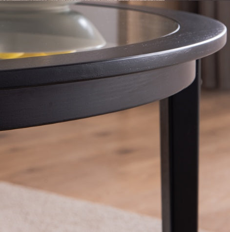 Round Glass Topped Solid Wood Storage Coffee Table, Black