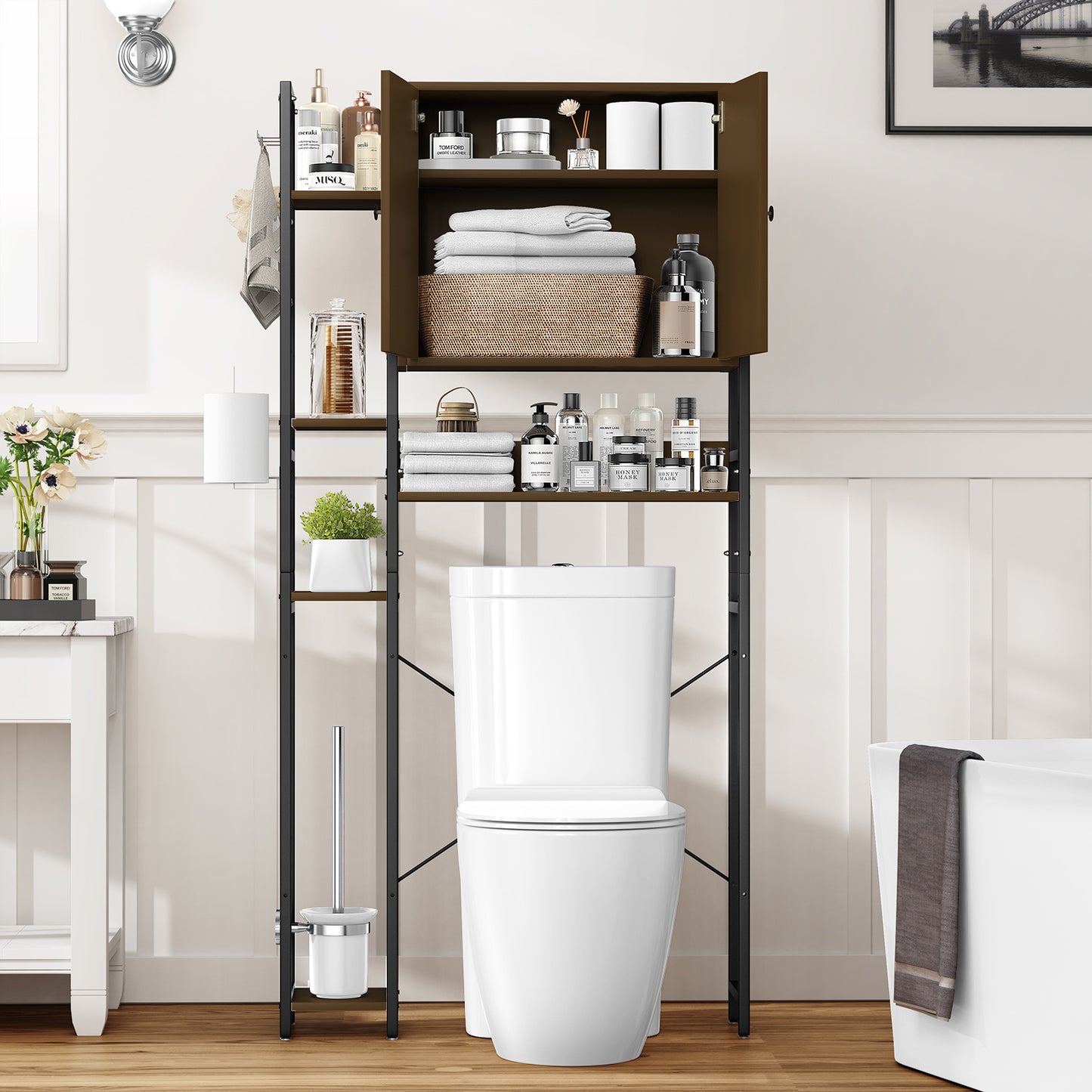 Toilet Storage Cabinet With 4 Layers Of Side Adjustable Storage Racks, Anti-slip Freestanding Toilet Organizer With Hooks, Suitable For Bathrooms, Laundry Rooms, In Brown.