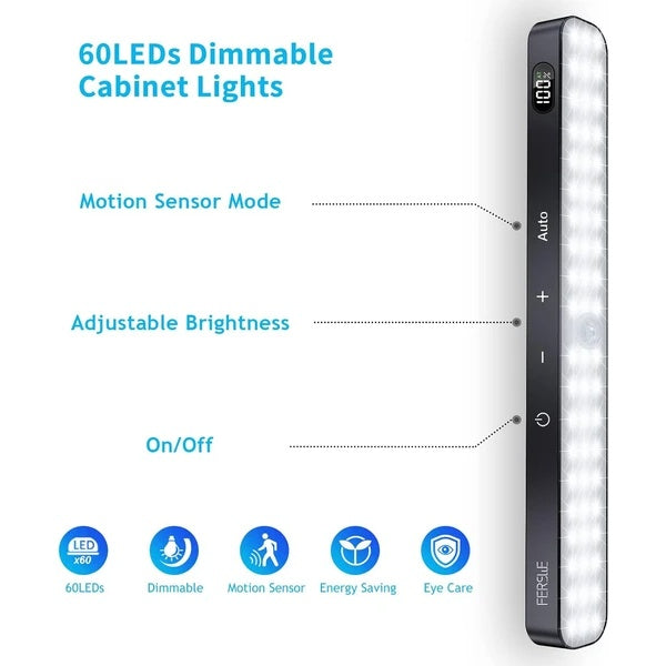 Under Cabinet Lights Rechargeable, Battery Level Display, 60 LED Motion Sensor Cabinet Light, Dimmable Touch Control