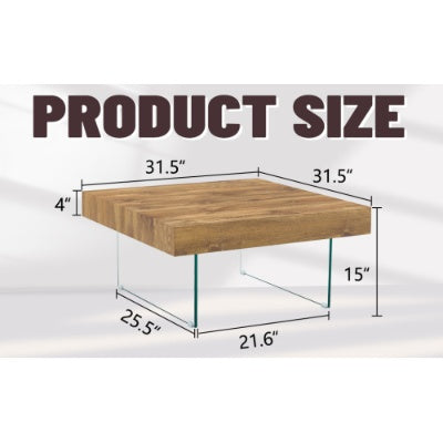 Natural Style Square MDF Coffee Table 31.5x31.5 With Tempered Glass Legs.Density Board Sticker,Reinforced Glass