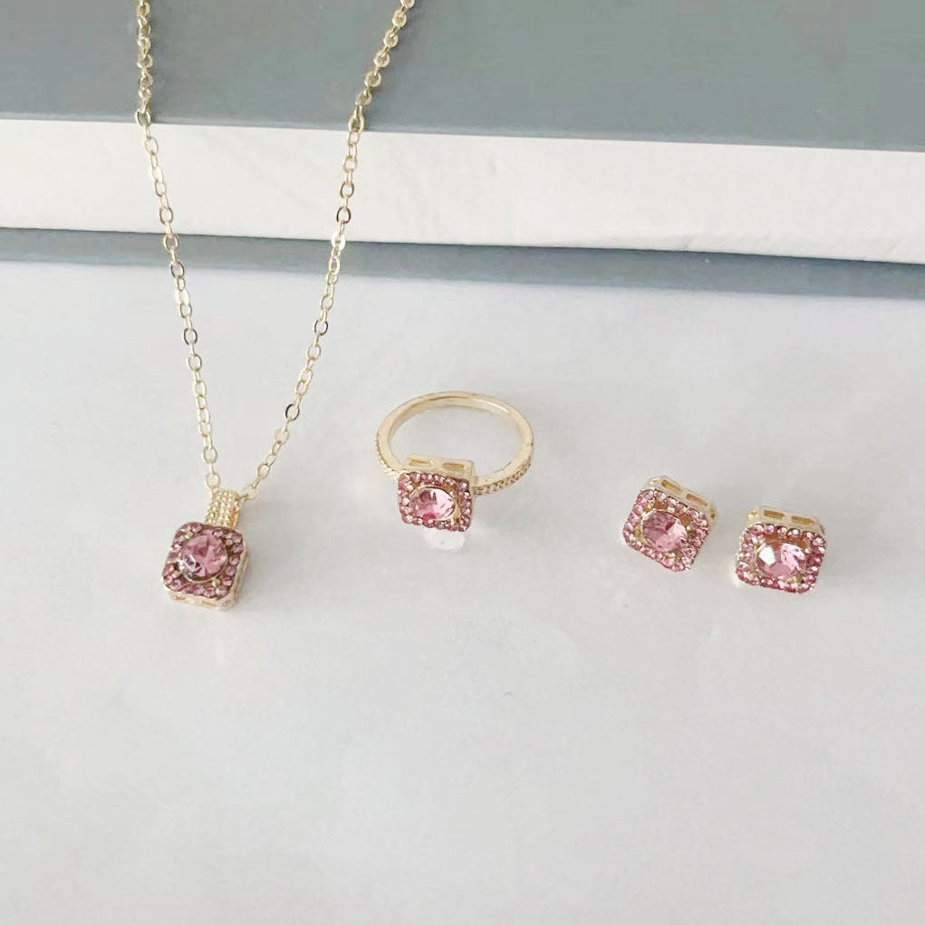 Square Women's Fashion Simple Necklace Rings Ear Studs Three-piece Set