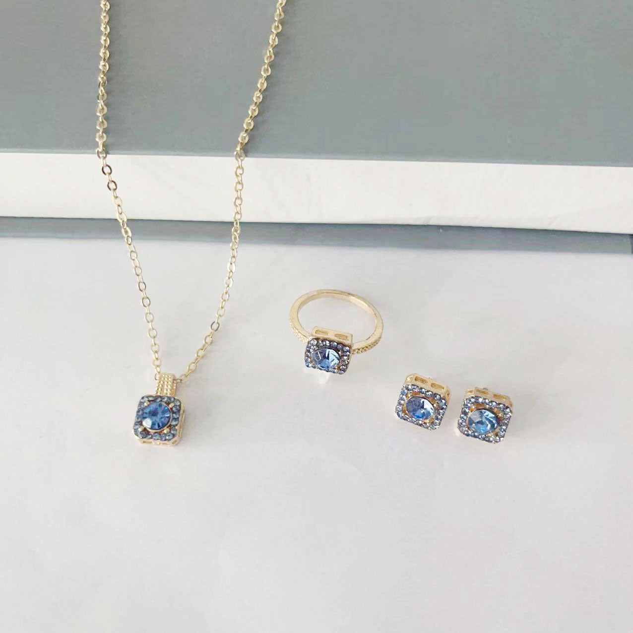Square Women's Fashion Simple Necklace Rings Ear Studs Three-piece Set