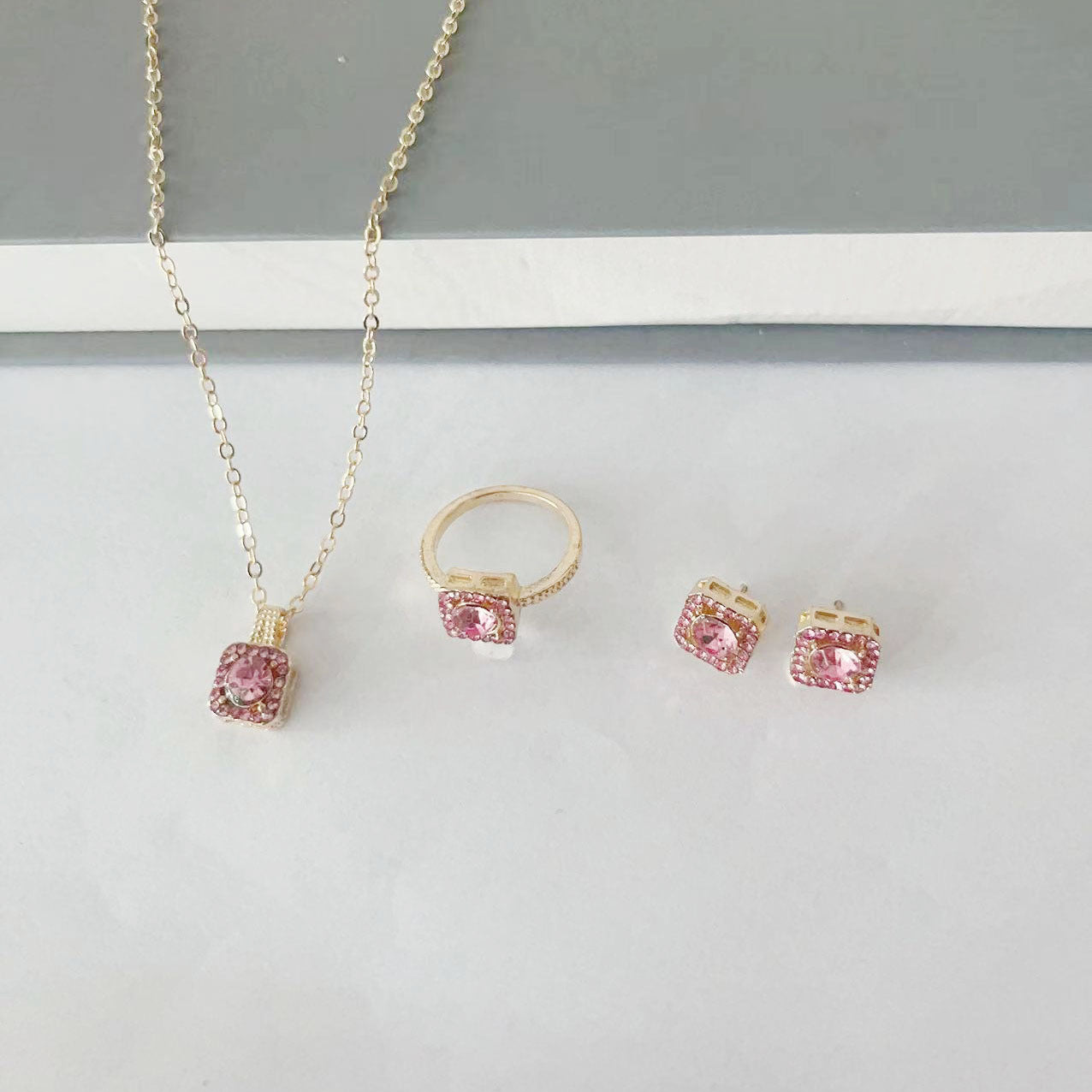 Square Women's Fashion Simple Necklace Rings Ear Studs Three-piece Set