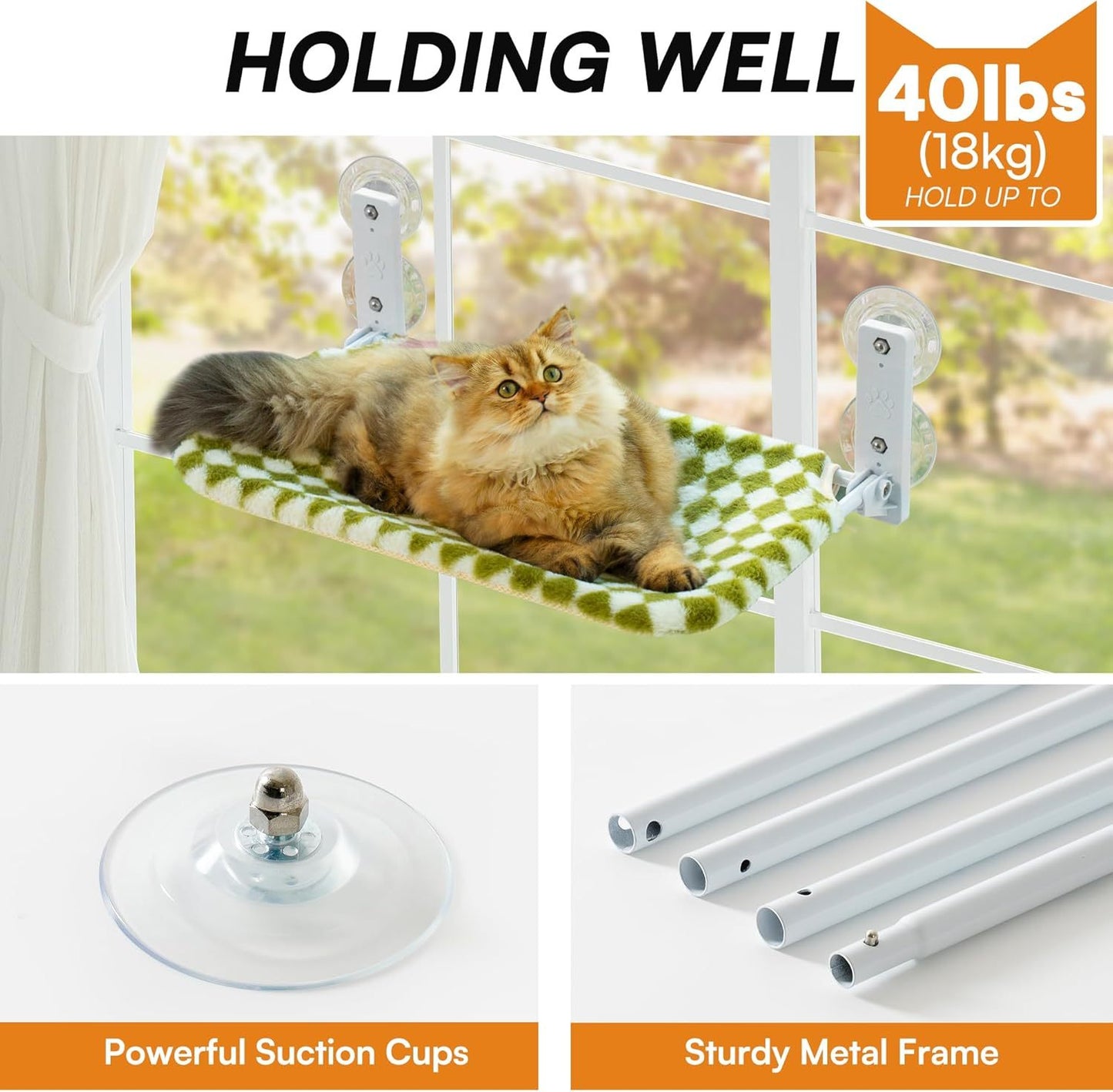 MEWOOFUN Cat Window Hammock With Steel Frame And Strong Suction Cups - Medium Green Indoor Cat Perch Seat