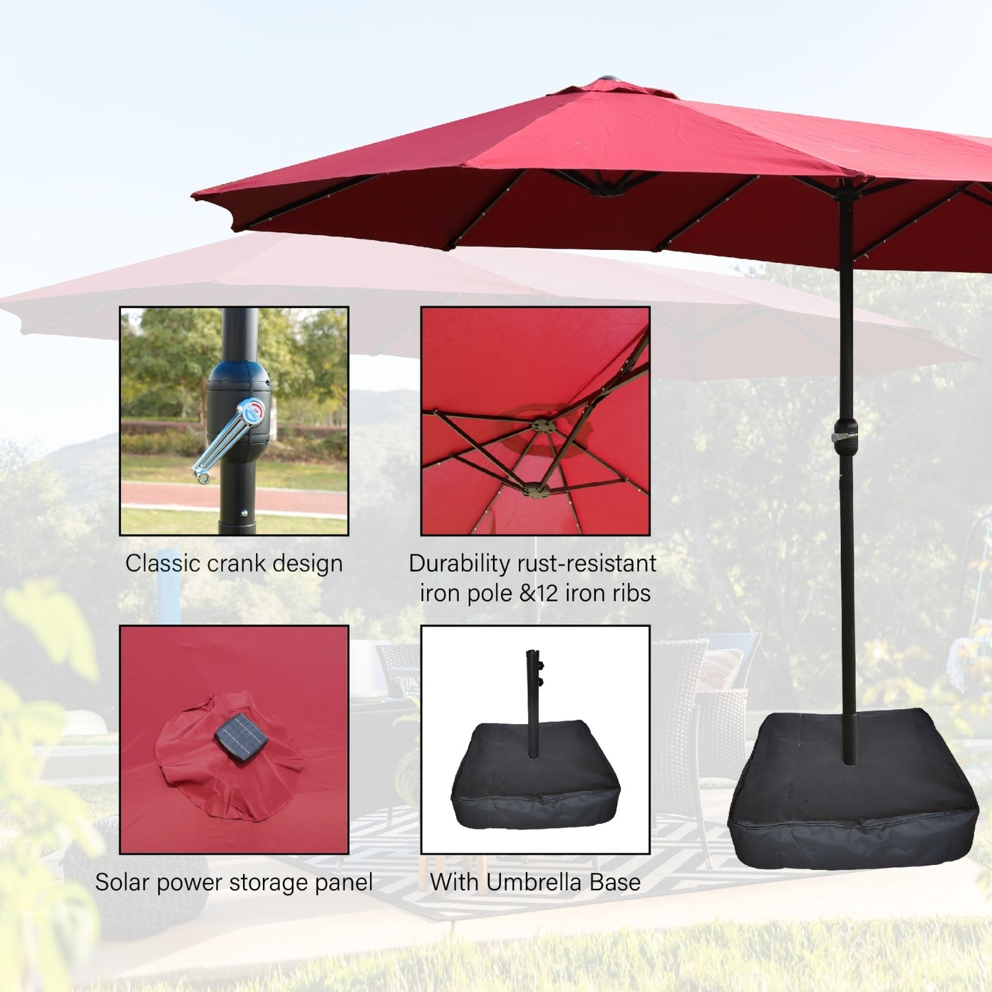 15x9ft Large Double-Sided Rectangular Outdoor Twin Patio Market Umbrella With Light And Base- Red
