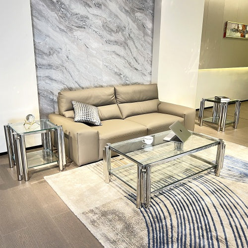 Modern Stainless Steel Coffee Table Set Set Of 3, Double-Layer Clear Tempered Glass Table Top, Coffee Table Two End Side Table 3-Pieces Sets For Living Room Home Office