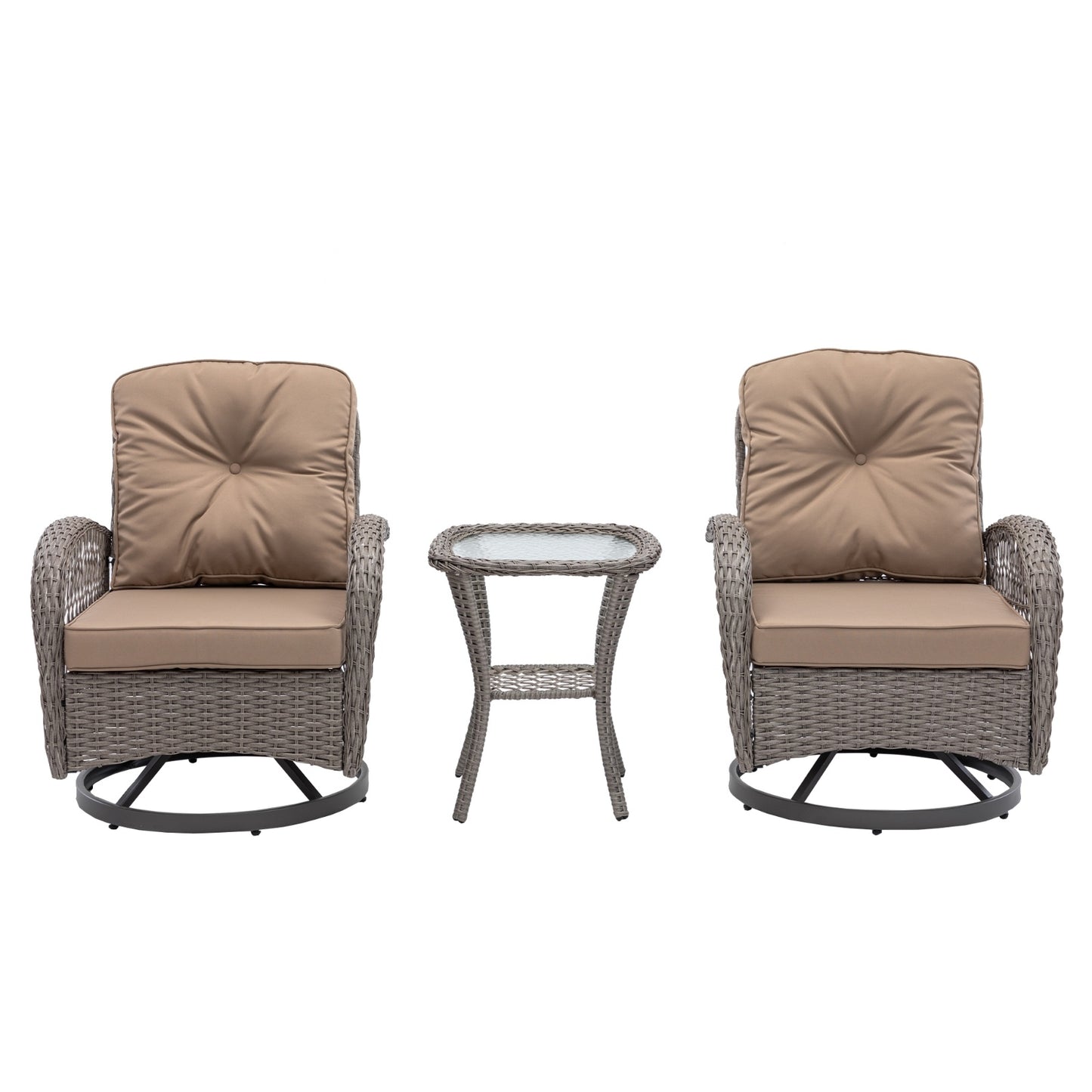 3pc Outdoor Swivel Rocker Chairs, 360 Rocking Patio Set With Thick Cushions