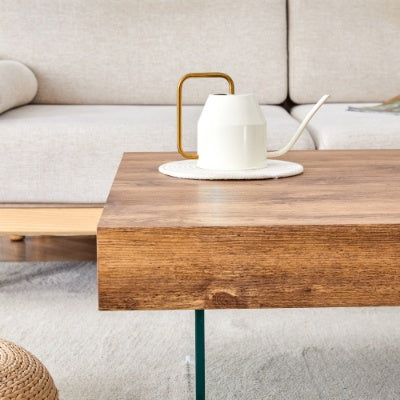 Natural Style Square MDF Coffee Table 31.5x31.5 With Tempered Glass Legs.Density Board Sticker,Reinforced Glass