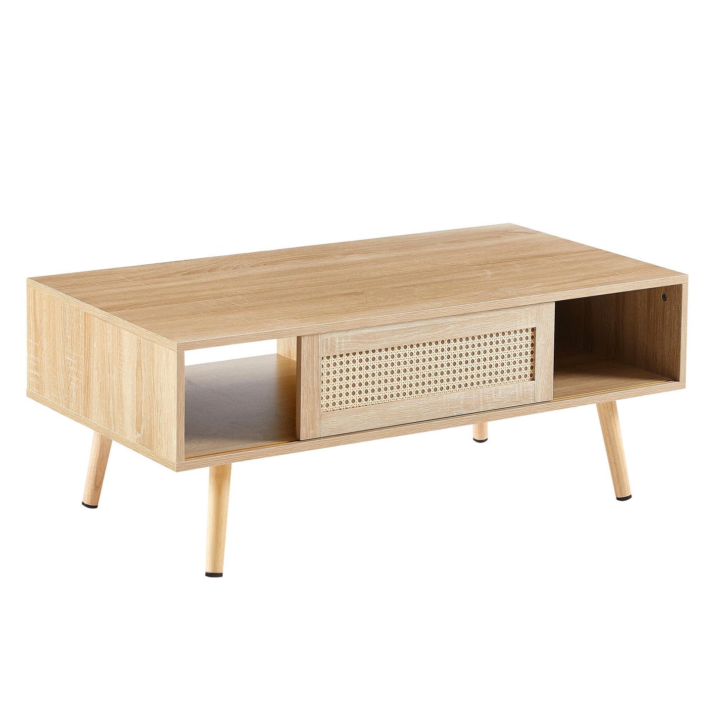 41.34 Inch Rattan Coffee Table, Sliding Door For Storage, Solid Wood Legs, Modern Living Room Table, Natural