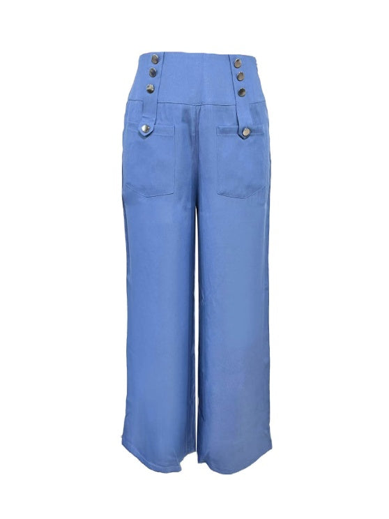 Ladies' Solid Color Button Design Fashionable Casual Pants